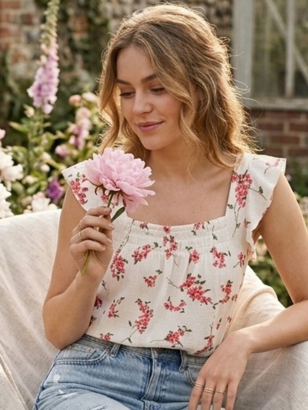MELLODAY Feminine Cherry Blossom Flutter Sleeve Peasant Blouse M